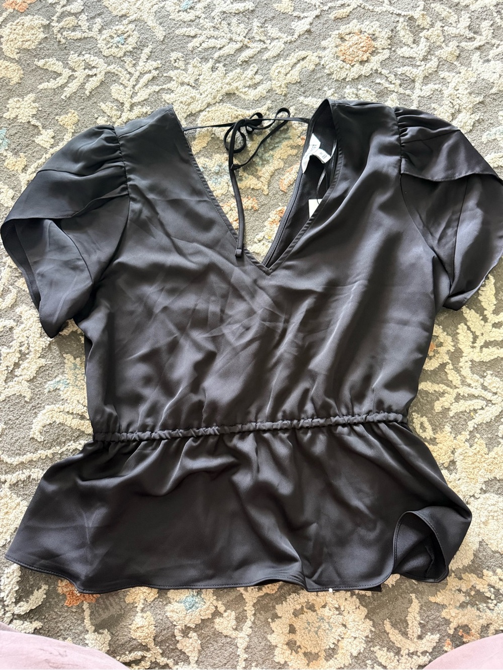 Nine West Black V-Neck Peplum Blouse with Puff Sleeves